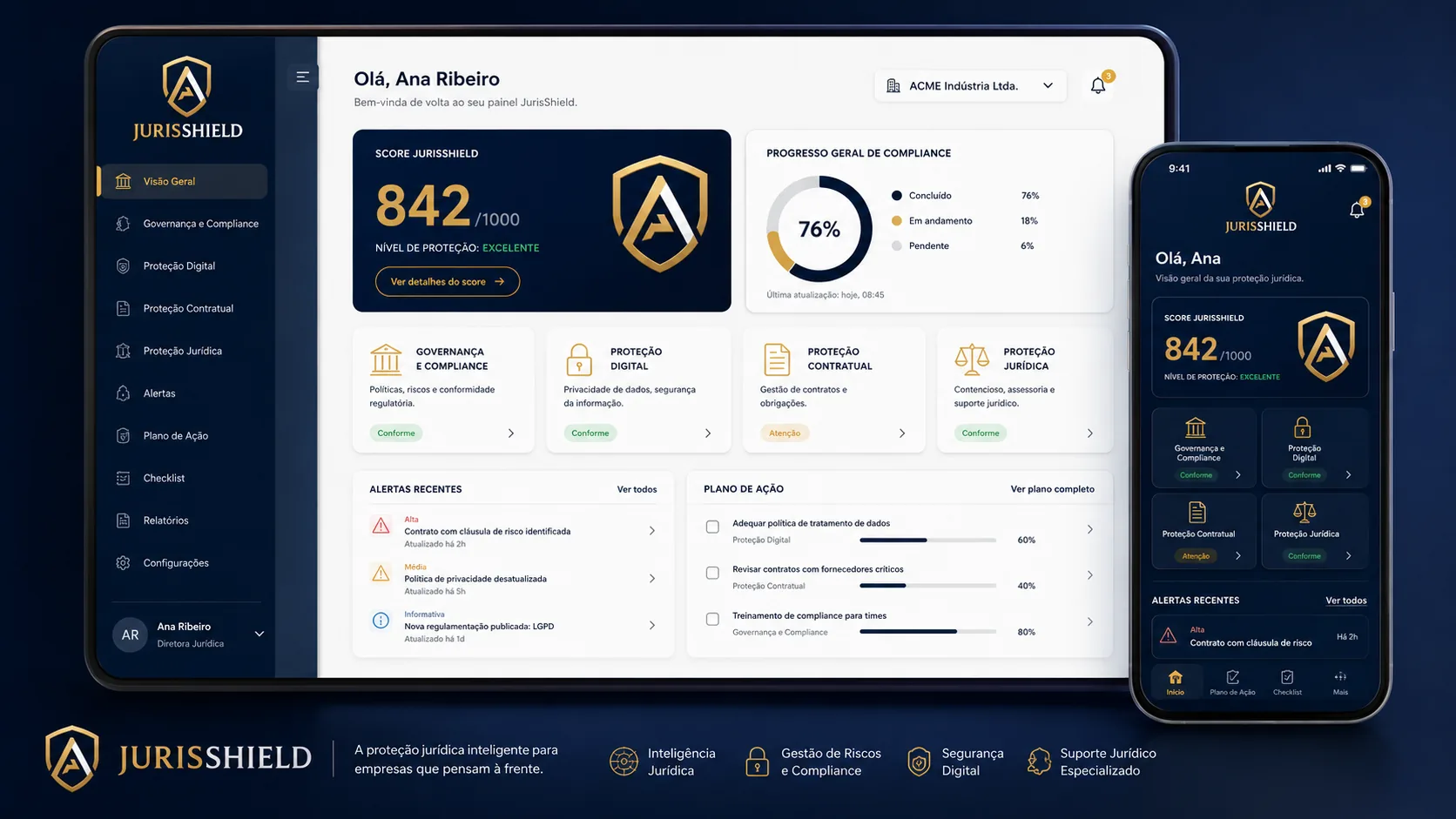 Painel JurisShield — score, alertas e plano de ação